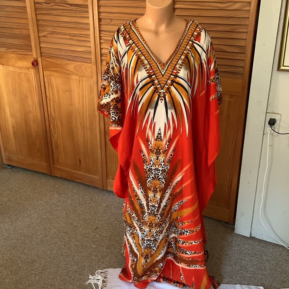 MUMU muumuu one size orange &black leopard print, African elegant print satin